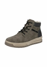 Grauer Wildleder- Schnürstiefel mit gepolstertem Schaft, weißem Futter aus Fleece und beiger Gummisohle mit Profil für den Außeneinsatz.