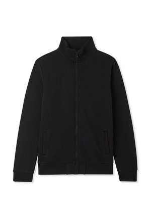 Giacca nera con zip e colletto alto, caratterizzata da una texture liscia, due tasche laterali e polsini e orlo a coste.