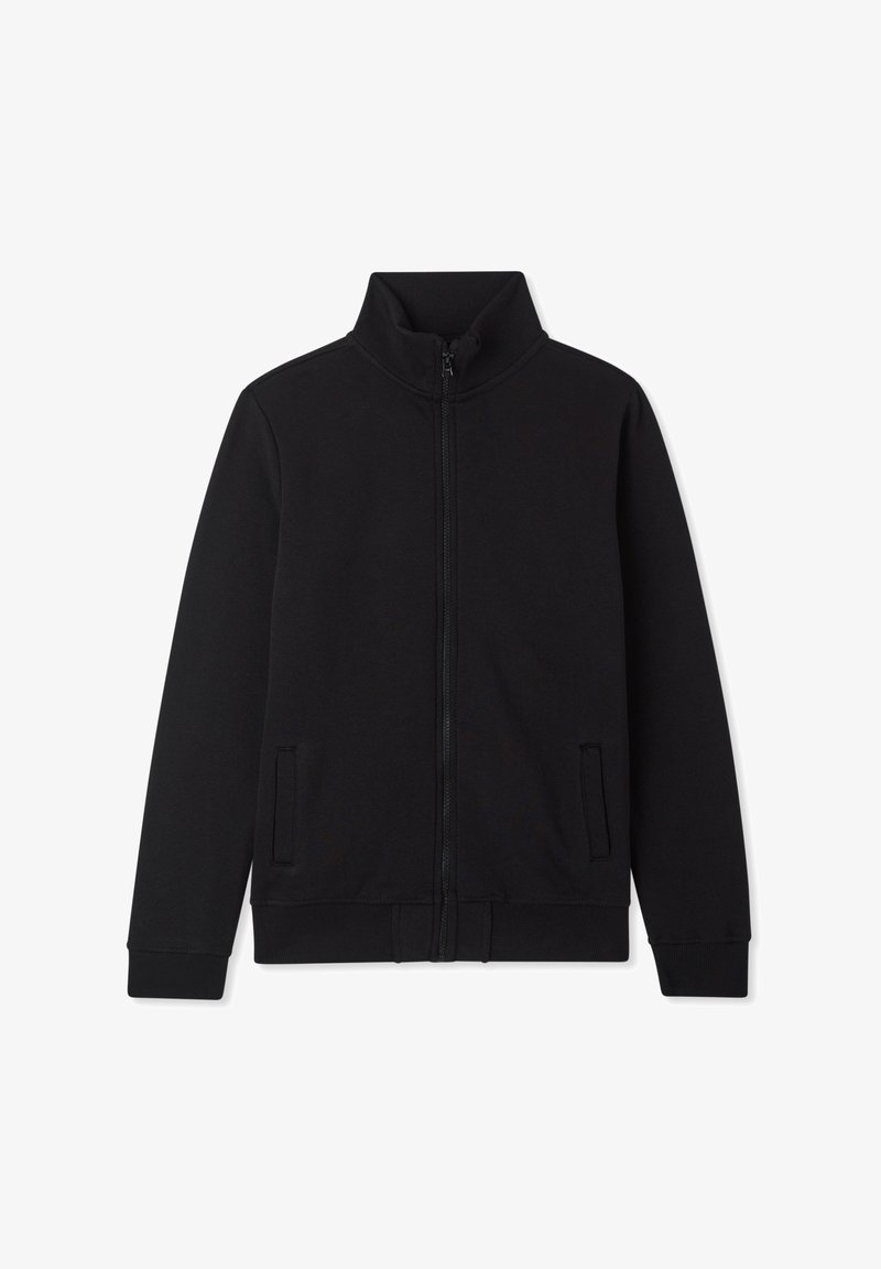 Giacca nera con zip e colletto alto, caratterizzata da una texture liscia, due tasche laterali e polsini e orlo a coste.