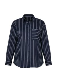 Camisa azul marino abotonada con rayas verticales blancas, mangas largas, un bolsillo en el pecho izquierdo y un diseño de cuello clásico.