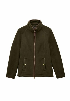 Olivgrüne Fleecejacke mit hohem Kragen, Reißverschluss vorne und zwei siden Taschen. Mit braunen Akzenten und dekorativen Steppnähten.
