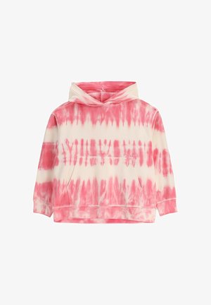 Różowo-biała bluza z kapturem z efektem tie-dye, z kieszenią typu kangur i długimi rękawami, prezentowana na białym tle.