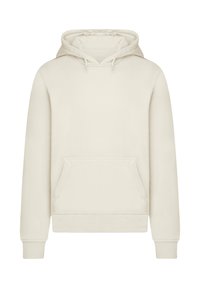 Cremfarbener Hoodie aus weichem Stoff, mit Kängurutasche, Kapuze mit Kordelzügen und gerippten Bündchen und Saum.
