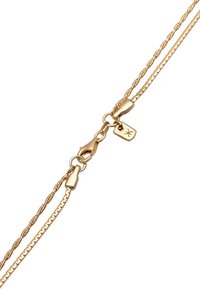 Collana d'oro con maglie a catena intrecciate e piatte, dotata di un sicuro gancio a mollia e di un piccolo ciondolo attaccato. Texture liscia e finitura metallica.