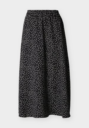 Fustă midi neagră cu buline albe, talie elastică și croială lejeră, fluidă.