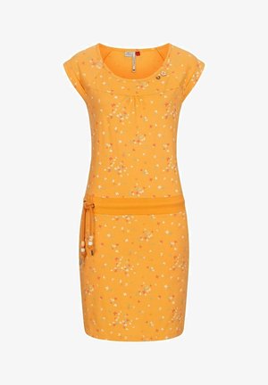 Żółta sukienka z krótkim rękawem, w mały, wielokolorowy wzór motyli, okrągły dekolt, ozdobne guziki oraz przewiązany pasek w talii z koralikami.