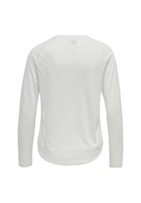 Wit sportshirt met lange mouwen, van achteren gezien, met ronde hals en licht afgeronde zoom.