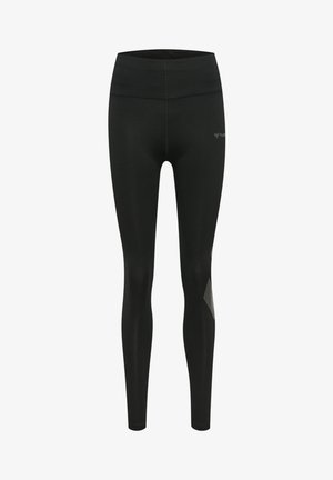 Schwarze Leggings mit einem hohen Bund, gefertigt aus einem glatten, elastischen Material. Enthält ein transparentes Paneel-Detail an der Unterschenkel.