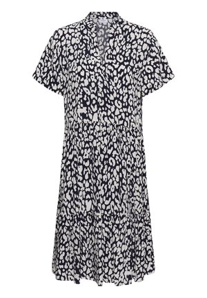 Black and white short-sleeve knee-length dress with abstract leopard print and a V-neckline.