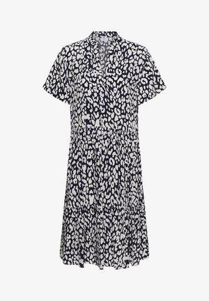 Black and white short-sleeve knee-length dress with abstract leopard print and a V-neckline.