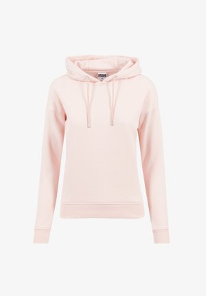 Kerge roosa kapuutsiga pusa, millel on ees kangaroopocket, stringitega kapuuts ja soonikkoes mansetid. Valmistatud pehmest kangast, millel on lihtne ja sile tekstuur.