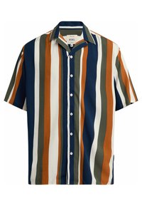 Kortärmad skjorta med vertikala ränder i marinblått, orange, olivgrönt och vitt. Tillverkad av lättvävt tyg med knappstängning framtill och spetsig krage.