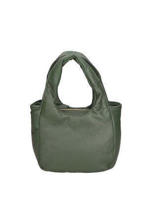 Sac à main en cuir souple vert olive avec poignées épaisses rembourrées et fermeture éclair supérieure, conçu pour être porté à la main.