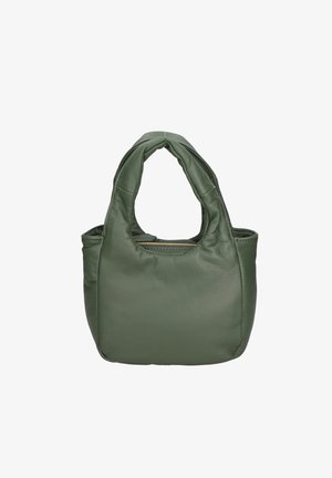 Zachte handtas van olijfgroen leer met dikke gewatteerde handvatten en een ritssluiting aan de bovenkant, ontworpen voor handmatig gebruik.