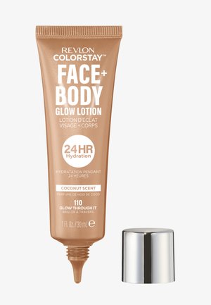 Revlon Colorstay Face + Body Glow Lotion Tube, Farbton 110 Glow Through It, Kokosduft, 24 Stunden Feuchtigkeitsversorgung, mit abgenommenem silbernem Deckel.