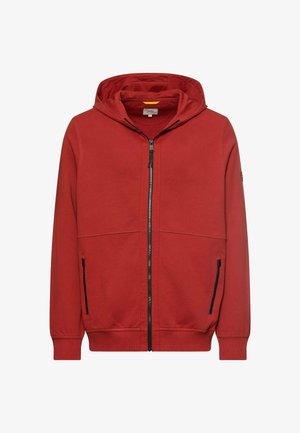 Czerwona bluza z kapturem na zamek błyskawiczny, z kapturem ze sznurkiem, dwoma przednimi kieszeniami na zamek oraz ściągaczami na mankietach i pasku.