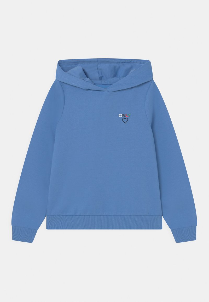 Felpa blu realizzata in morbido tessuto, con tasca a marsupio, polsini e orlo a costine, e un piccolo logo "ONLY" con un design a forma di cuore sul davanti.