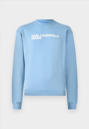 Felpa blu in misto cotone, con colletto a girocollo, maniche lunghe e scritta stampata bianca "KARL LAGERFELD JEANS" sul davanti.