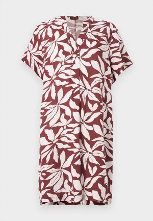 Maroon dress with white leaf pattern, short sleeves, V-neck, and a straight cut. Made of lightweight fabric, suitable for warm weather.