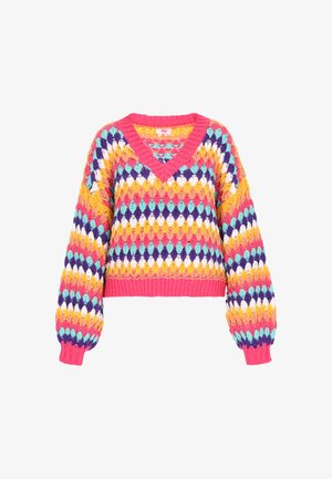 Sweter dzianinowy z dekoltem w serek i oversize'owymi rękawami, z wielokolorowym wzorem diamentów w odcieniach różu, fioletu, żółtego i turkusu. Ściągacze u dołu i na rękawach.