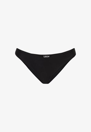 Must musta, mis on sujuva disainiga, madala lõikega ja väikese "LSCN" logoga vöökoht. Sile tekstuur, ilma täiendavate aktsentideta.