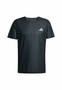Camisa atlética negra de manga corta con un patrón texturizado y cuello redondo. Presenta un pequeño logo blanco en el pecho. Material ligero.