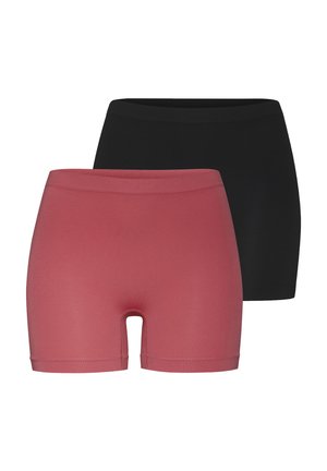 Zwei Paar dehnbare Shorts: eines in Schwarz, das andere in Rosarot. Beide weisen eine glatte Textur und einen mittelhohen Bund mit enganliegendem Sitz auf.