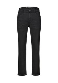 Pantalones vaqueros negros de hombre ajustados con cierre de botón y cremallera, diseño de cinco bolsillos y pasadores para cinturón, talla 32 de cintura.