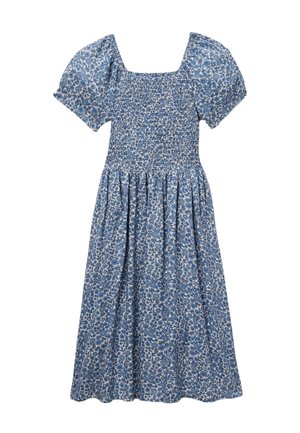 Robe midi à fleurs bleues et blanches avec corsage froncé et manches courtes bouffantes, dotée d'un décolleté carré et d'une jupe froncée.