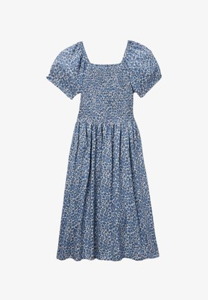 Robe midi à fleurs bleues et blanches avec corsage froncé et manches courtes bouffantes, dotée d'un décolleté carré et d'une jupe froncée.