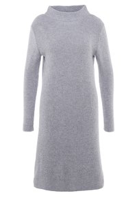 Abito maglione grigio a maglia con collo alto, maniche lunghe e texture a coste; presenta una vestibilità morbida e dettagli delle cuciture sottili.