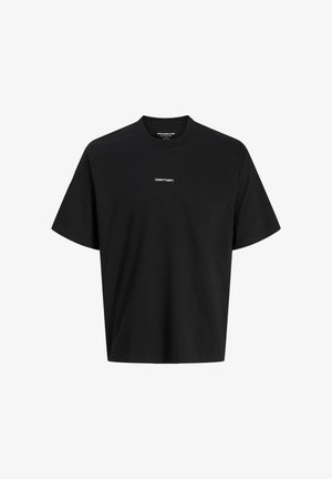 Zwarte katoenen T-shirt met een relaxte pasvorm, ronde halslijn en korte mouwen. Voorzien van witte tekst "CORE™ DEPT." op het middel van de voorkant.