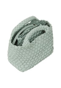 Borsa intrecciata in pelle verde menta chiaro, con manici doppi, un compartimento con zip e una superficie testurizzata con un motivo intrecciato.