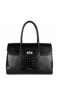 Borsa in pelle nera embossed con motivo coccodrillo, dotata di due manici superiori, hardware dorato e una forma strutturata. Presenta una chiusura frontale.