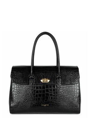 Borsa in pelle nera embossed con motivo coccodrillo, dotata di due manici superiori, hardware dorato e una forma strutturata. Presenta una chiusura frontale.