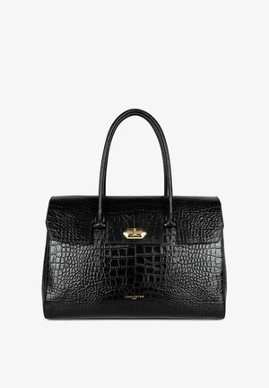 Borsa in pelle nera embossed con motivo coccodrillo, dotata di due manici superiori, hardware dorato e una forma strutturata. Presenta una chiusura frontale.