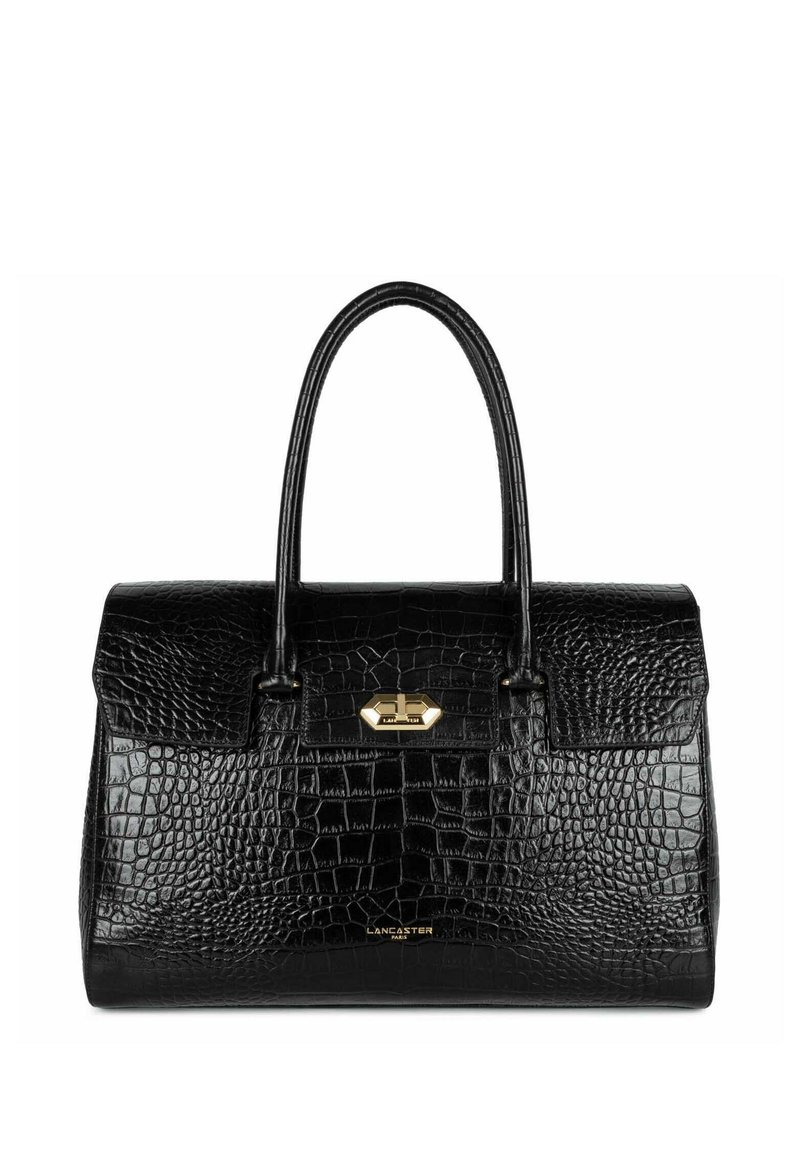 Borsa in pelle nera embossed con motivo coccodrillo, dotata di due manici superiori, hardware dorato e una forma strutturata. Presenta una chiusura frontale.