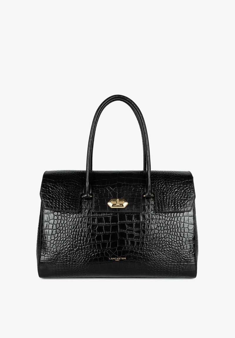 Borsa in pelle nera embossed con motivo coccodrillo, dotata di due manici superiori, hardware dorato e una forma strutturata. Presenta una chiusura frontale.