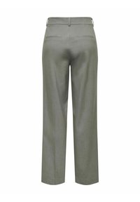 Pantalon gris sur mesure avec passants de ceinture et deux poches passepoilées à l'arrière, vu de dos sur fond blanc.