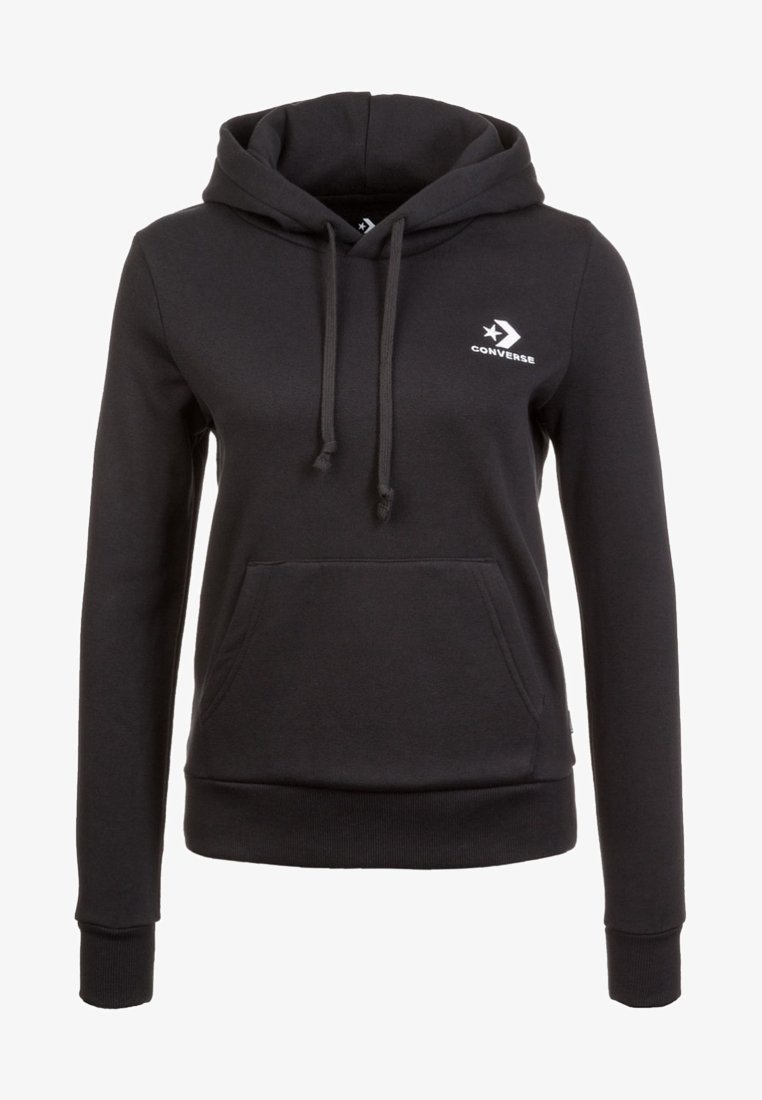 Sweat à capuche noir à manches longues avec poche avant, capuche à cordon et logo Converse blanc sur la poitrine gauche.