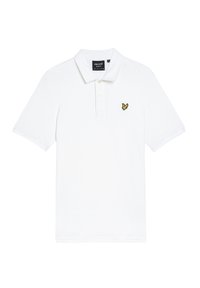 Polo bianco in cotone testurizzato, con colletto a due bottoni e un piccolo logo di un uccellino giallo sul lato sinistro del petto. Maniche corte.