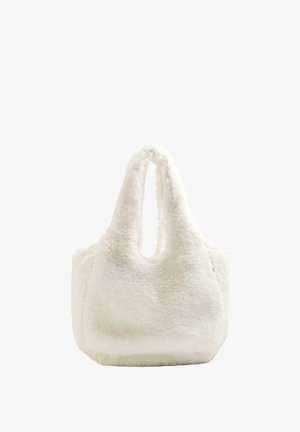 Biely kožušinový taška cez rameno s okrúhlymi, dvojitými hornými rukoväťami a jemným, textúrovaným povrchom. Má priestranný vnútorný priestor a bezšvový dizajn.