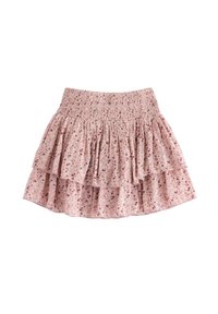 Gonna a balze floreale in morbido tessuto rosa. Presenta una cintura elastica, strati arricciati e un motivo di fiori sparsi in tonalità più scure.
