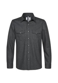 Camicia button-up grigio scuro realizzata in tessuto testurizzato, caratterizzata da due tasche sul petto con pattina, maniche lunghe e un design di colletto classico.