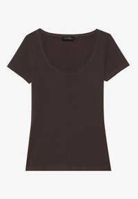 Brown short-sleeve t-shirt made of soft cotton. Features a rounded neckline and a fitted silhouette, with subtle stitching details.