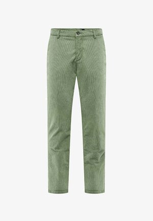 Groene corduroy broek met een rechte snit, voorzien van getextureerde verticale strepen, een knoopsluiting en zijzakken.