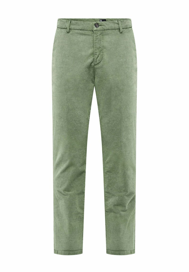 Groene corduroy broek met een rechte snit, voorzien van getextureerde verticale strepen, een knoopsluiting en zijzakken.