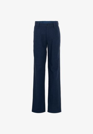 Pantalon bleu marine droit avec fermeture à bouton et fermeture éclair, passants de ceinture et poches avant, présenté sur un fond blanc.