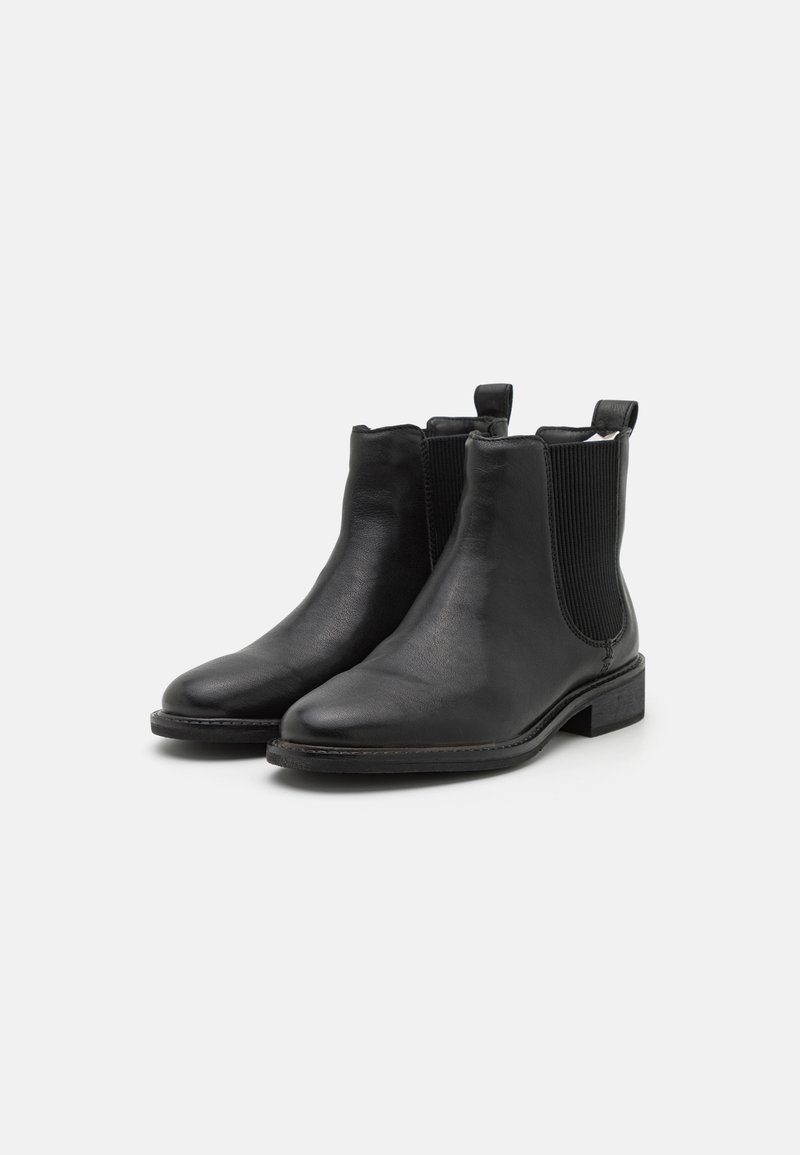 Schwarze Leder Chelsea-Stiefel mit elastischen Seitenpartien, runder Zehenform und niedrigem Blockabsatz. Glatte Oberfläche und minimale Nähte.