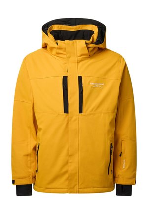 Veste d'extérieur jaune avec poches poitrine noires, capuche et poignets noirs, affichant le logo "Swedemount" sur la poitrine.